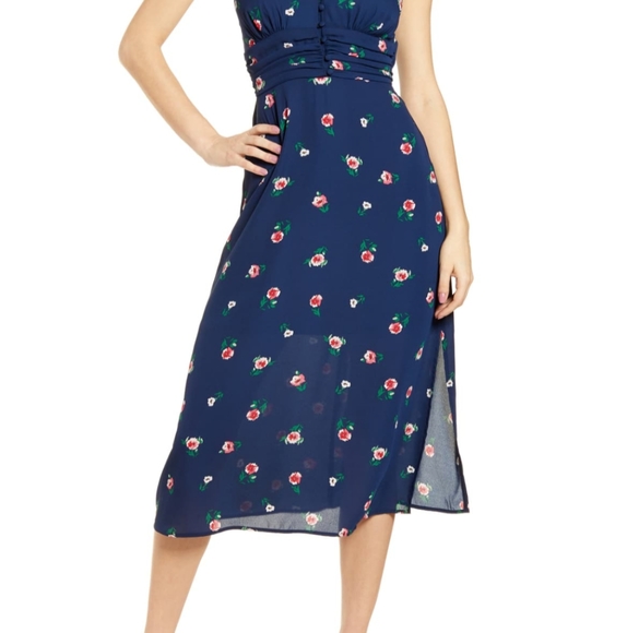 Gathered Waist Button Front Crepe floral Dress - Picture 2 of 8